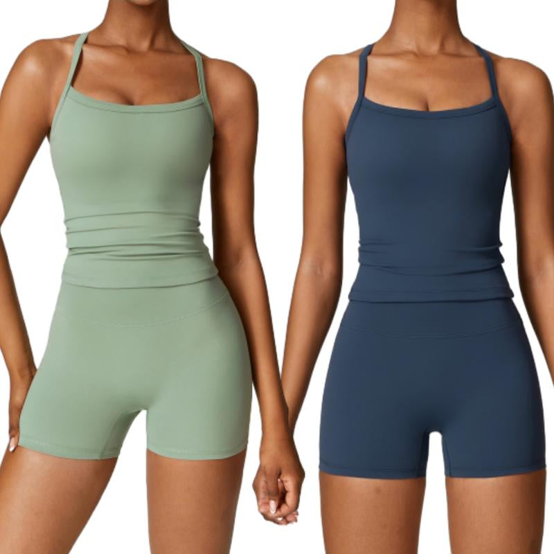 Women'S Athletic Set: High Stretch Tank Top & High-Waist Running Shorts - Stretchy, Skinny Activewear Cami Top & Backless Shorts Workout Gym Clothing
